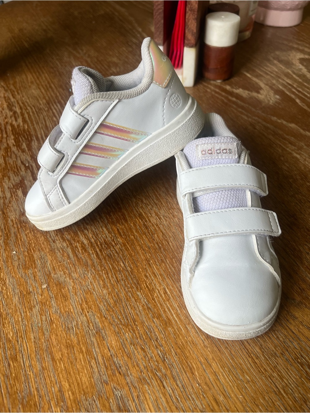 adidas Kids White Sneakers with Iridescent Pink-Gold Stripes